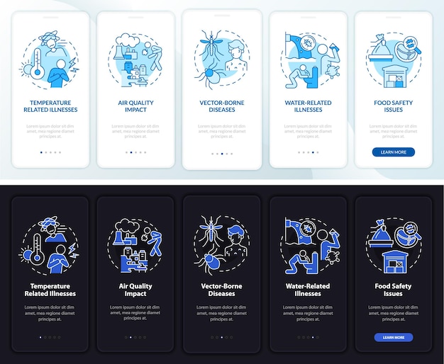 Klimaatverandering en gezondheid nacht, dagmodus onboarding mobiele app-scherm