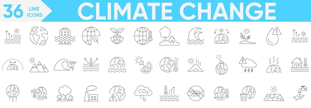 Klimaatverandering icoon setglobale opwarming wereld broeikas droogte waarschuwing geen water broeikas smelten ijs aarde vervuiling ramp en meerVector en illustrator set