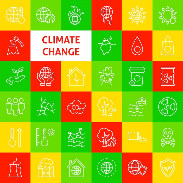 Klimaatverandering lijn pictogrammen Vector dunne omtrek Save Planet symbolen
