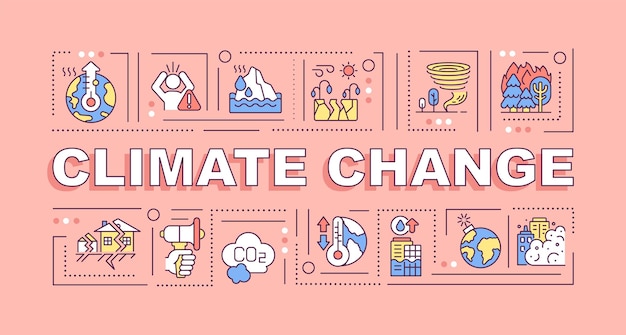 Klimaatverandering woord concepten banner. Milieu rampen. Infographics met lineaire pictogrammen op roze achtergrond. Geïsoleerde creatieve typografie. Vector overzicht kleur illustratie met tekst