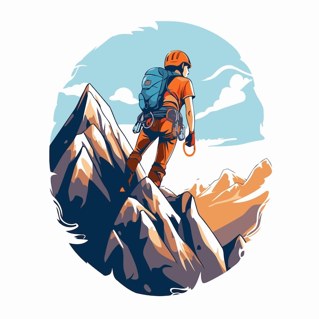 Klimmer met een rugzak beklimt de berg Vector illustratie