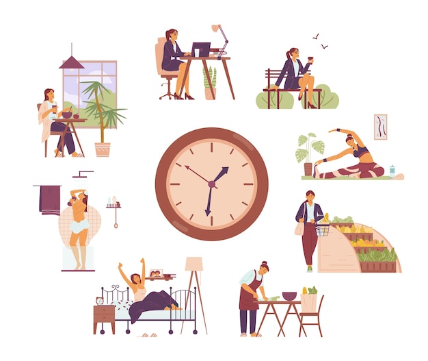 Vector klok met infographics van de dagelijkse routine van de vrouw van 's morgens tot' s avonds