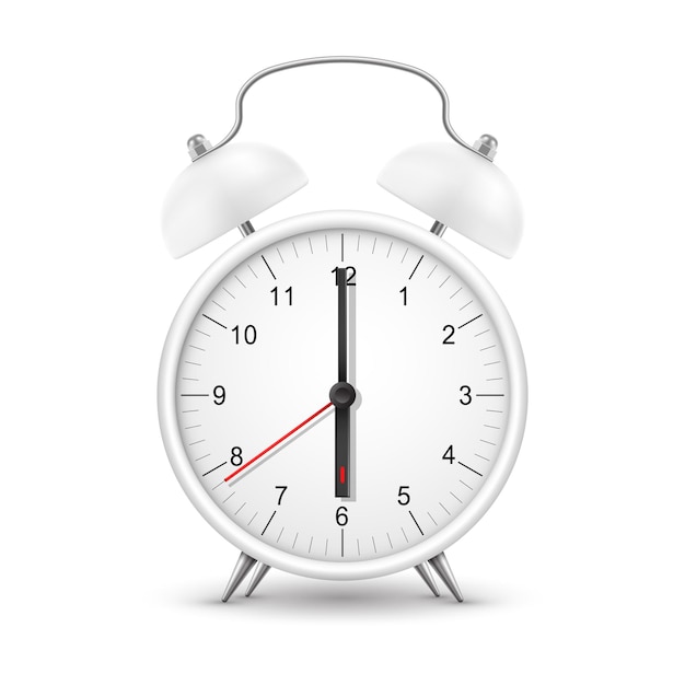 Klok of wekker tijd, realistisch horloge met ochtendring. retro wekker witte ronde met rode pijl en zwarte minuut en tweede handen op wijzerplaat