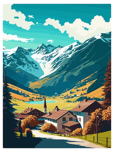 Vector klosters serneus switzerland vintage travel poster souvenir postcard portrait painting illustration