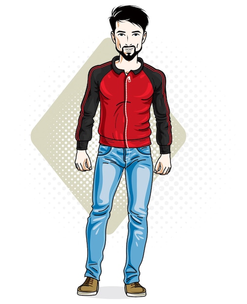 Knappe donkerbruine jonge mens die zich bevindt. vectorillustratie van man met baard en snorharen stijlvolle casual kleding dragen.