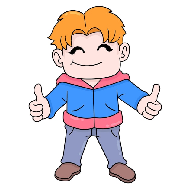 Knappe jongen met lachend gezicht verwelkomt graag het schoolseizoen, vectorillustratieart. doodle pictogram afbeelding kawaii.