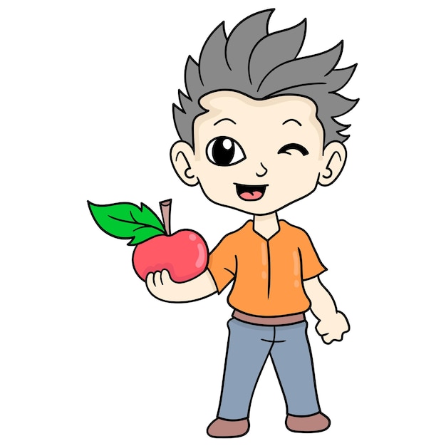 Knappe jongen permanent met verse rode appels, vector illustratie kunst. doodle pictogram afbeelding kawaii.