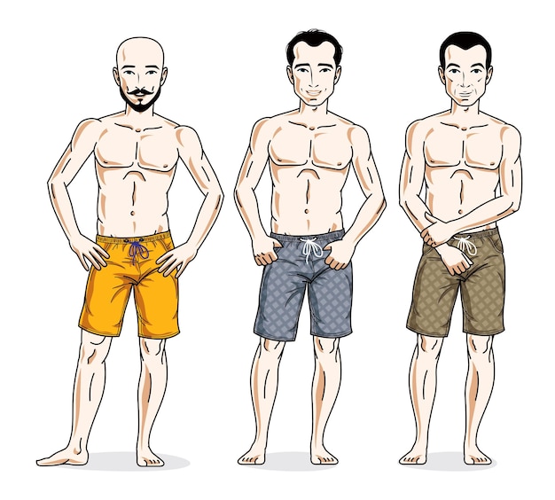 Knappe mannen met een perfect lichaam, gekleed in strandshorts. Vector mensen illustraties ingesteld. Lifestyle thema mannelijke karakters.