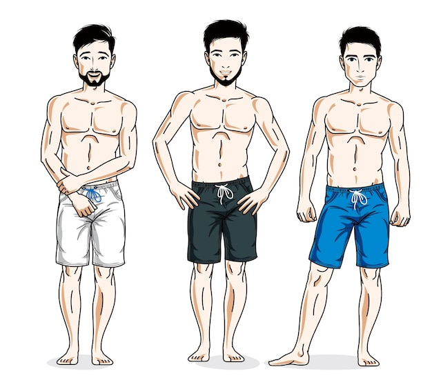 Vector knappe mannen poseren in kleurrijke strandshorts. vectortekens ingesteld. lifestyle thema mannelijke karakters.