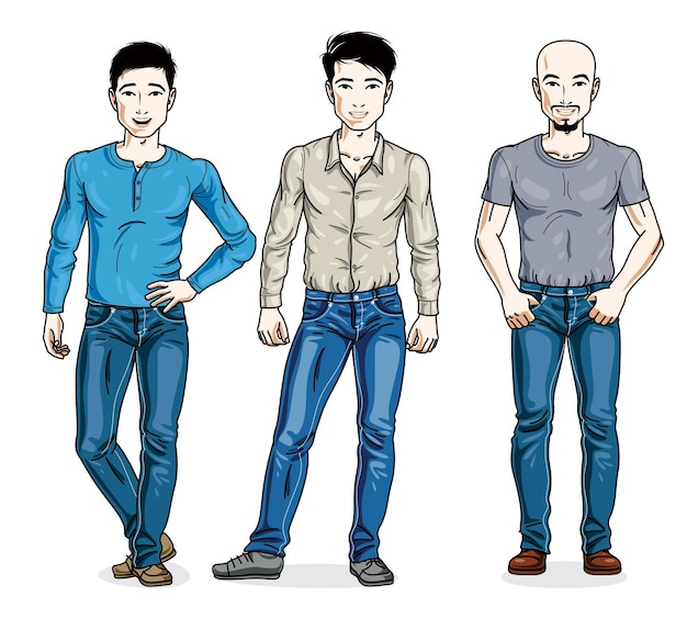 Knappe mannen poseren in vrijetijdskleding. Vector diverse mensen illustraties set. Lifestyle thema mannelijke karakters.