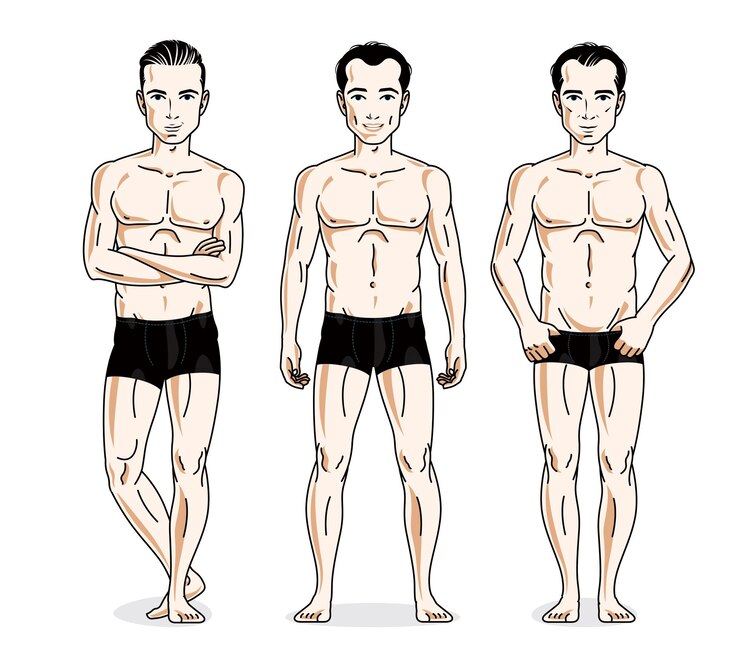 Vector knappe mannen poseren in zwart ondergoed. vector mensen illustraties ingesteld.