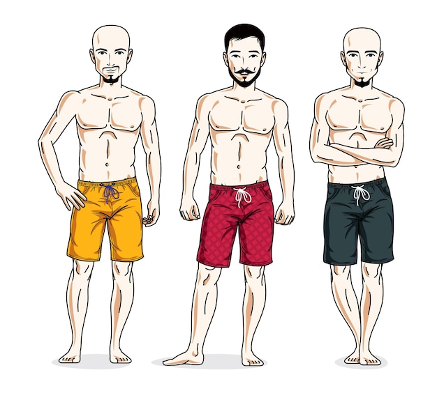 Knappe mannen poseren met atletisch lichaam, strandshorts dragen. Vectortekens ingesteld.