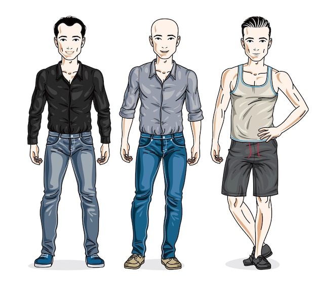 Knappe mannen staan in groep en dragen vrijetijdskleding. Vectorreeks mooie mensenillustraties. Lifestyle thema mannelijke karakters.