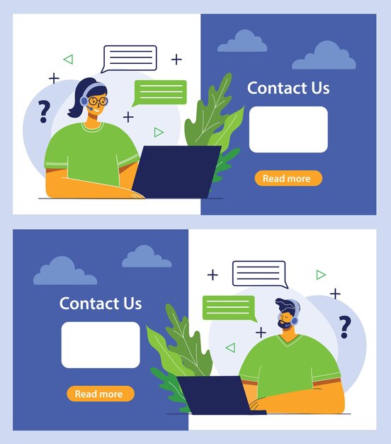 Knappe zakenvrouw en man met de inscriptie contact met ons op platte ontwerp illustratie
