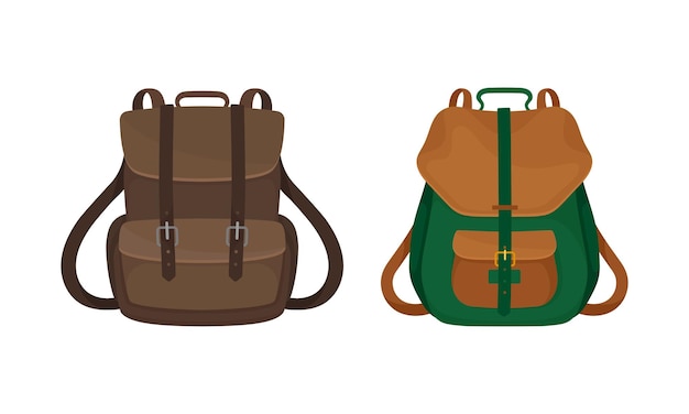 knapsack or rucksack as sack with straps for carrying on shoulder vector set