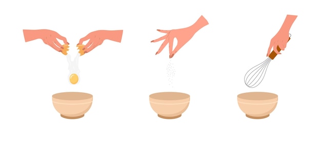 Vector kneading dough hands. woman mixing ingredients in bowl.