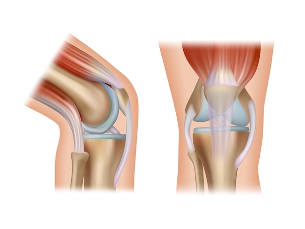 膝の解剖学 人間の健康な膝のサイドビューの現実的な医療プラカード 適切なベクトルテンプレート