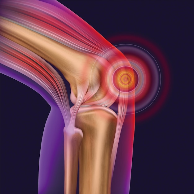 Вектор Боль в колене травма в ноге, коленной коленной сустав, медицинская неоновая векторная иллюстрация изолирована