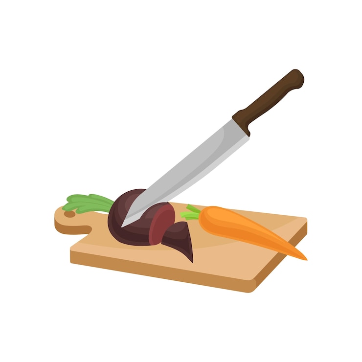 Vector knife cuts beets on a wooden board fresh carrot lies nearby vector illustration on white background