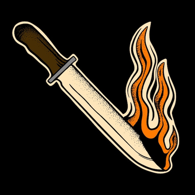 Arte del fuoco del coltello illustrazione vettore premium in stile disegnato a mano per tatuaggio, adesivo, logo ecc