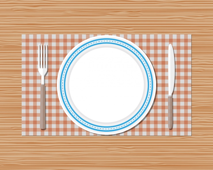 Vector knife, fork, plate, red checked cloth, wooden desk