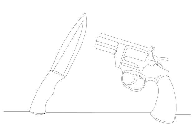 Knife and revolver drawing in one line outline vector