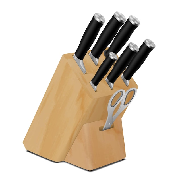 Vector knifes and kitchen scissors in a wooden stand hardened steel chef knife versatile and for slicing