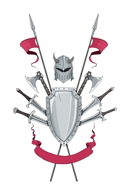 knight armor with shield and red flags surrounded by swords