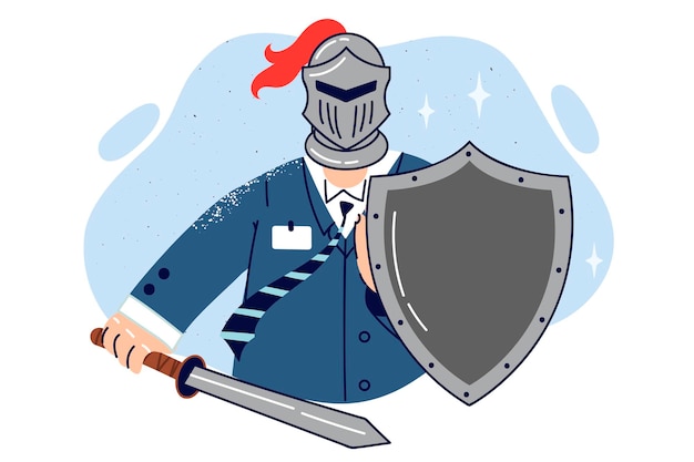 Vector knight in business clothes and helmet holds shield and sword for concept of security services