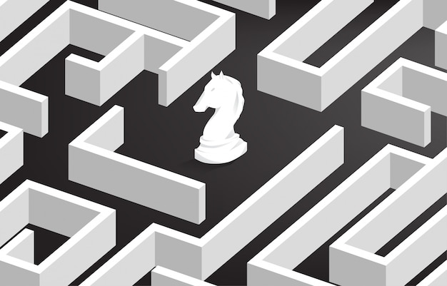 Knight chess at center of maze. Business concept for problem solving and marketing solution strategy