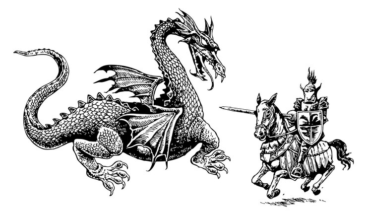 Vector knight and dragon pen and ink style illustration of a medieval knight and dragon ghost art back as