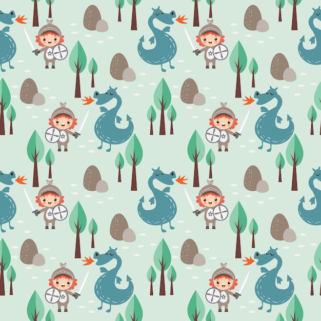 Knight and dragon seamless pattern