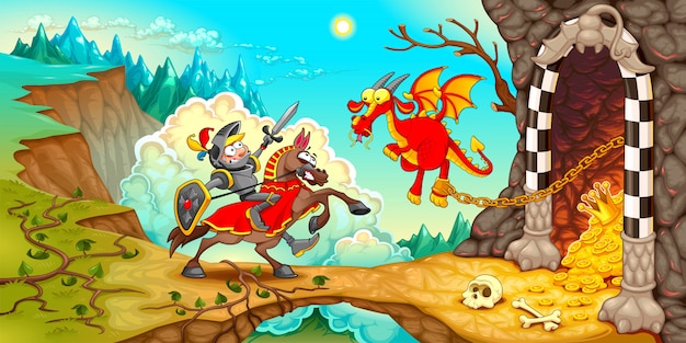 Knight fighting the dragon with treasure 