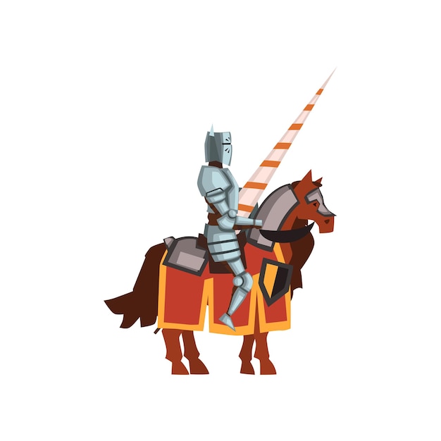 Knight from the Middle Ages sitting on horseback with lance in hand. Cartoon character of brave warrior in steel armor. Jousting tournament. Colorful flat vector design isolated on white background.