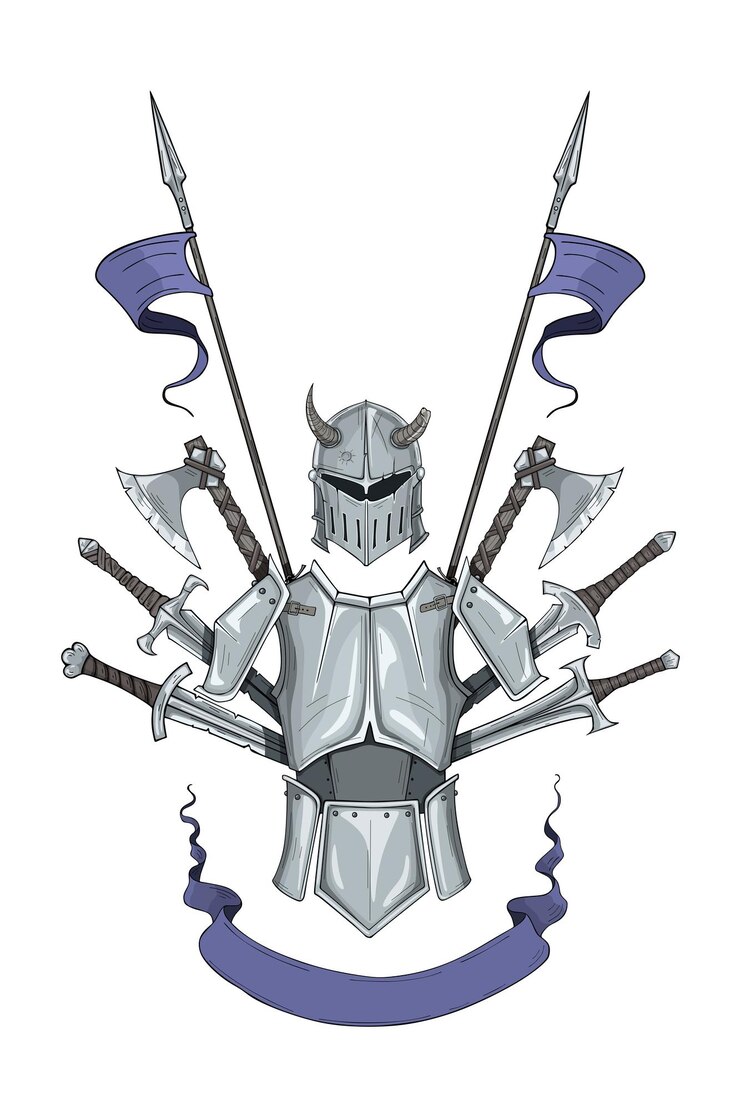 Vector knight in full armor with purple flags and crossed spears