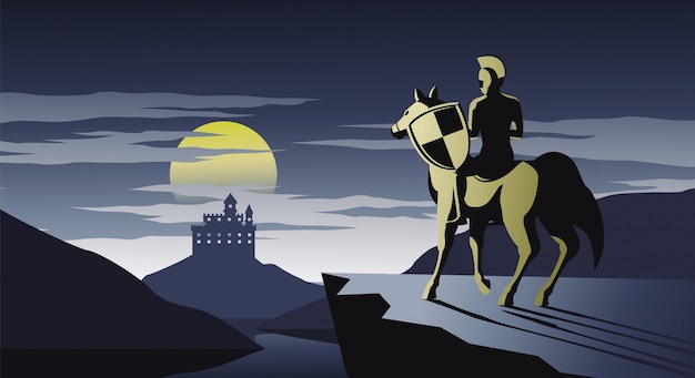 Vector knight on horseback stand on cliff look to castle