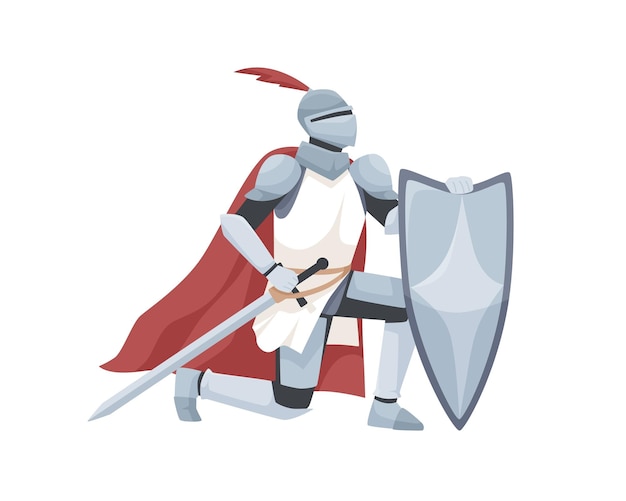 鎧と赤いマントを身に着けた騎士が盾と剣を持ち、膝に誓いを立てます。中世の戦士がひざまずいて忠誠を誓う。白い背景に分離された騎士道。フラットベクトルイラスト。