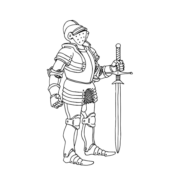 A knight in medieval armor with a twohanded sword In black ink