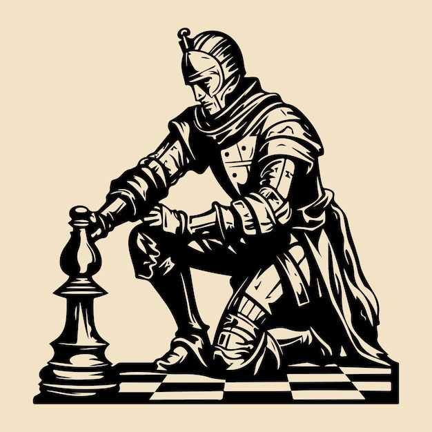 Vector knight playing chess woodcut print vector illustration