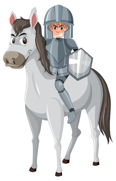 Vettore personaggio dei cartoni animati del cavaliere a cavallo su sfondo bianco