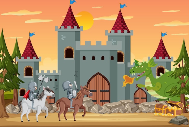 Вектор Рыцарь верхом на лошади перед замком
