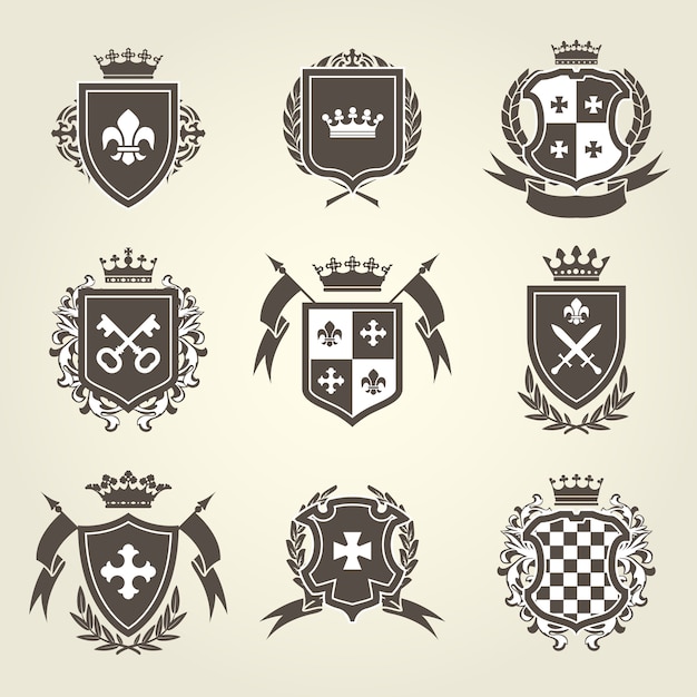 Knight shields and royal coat of arms set