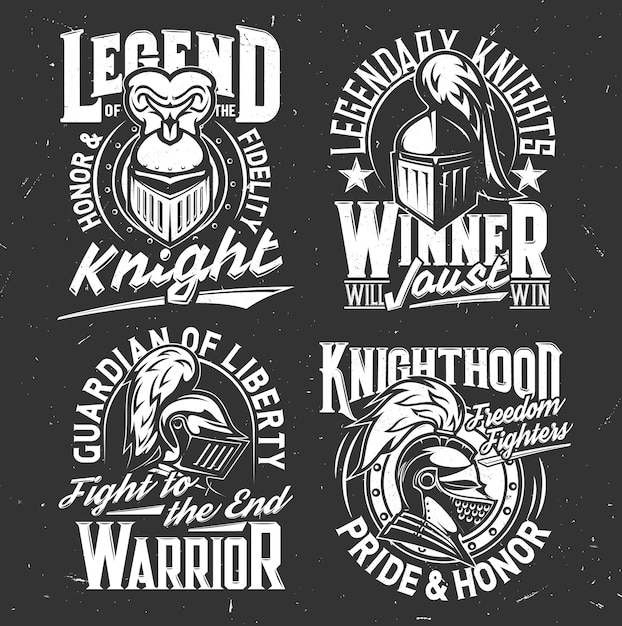 Knight warrior in helmet and steel armor, vector icons of spartan gladiator. Heraldry emblems of crusader in cape with shield, fight club badges and t-shirt prints of knight warrior with winner slogan