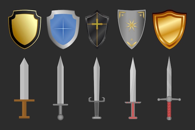 Knight weapon set. Swords and shields. Vector illustration