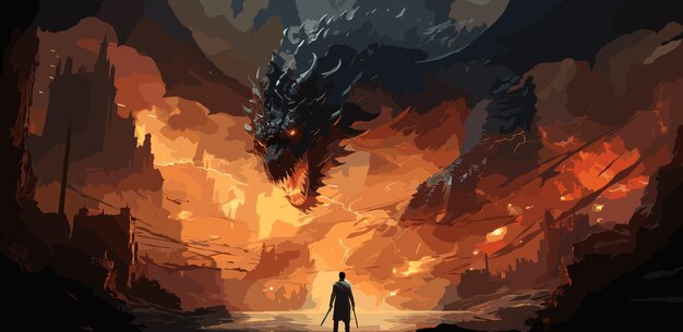 knight with the light sword standing near the giant fire dragon digital art style illustration painting