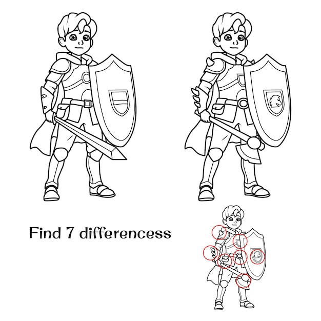 Vector knight with shield and sword find 7 differences