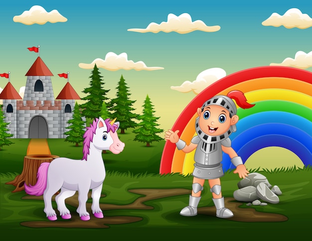 A knight with unicorn in castle yard