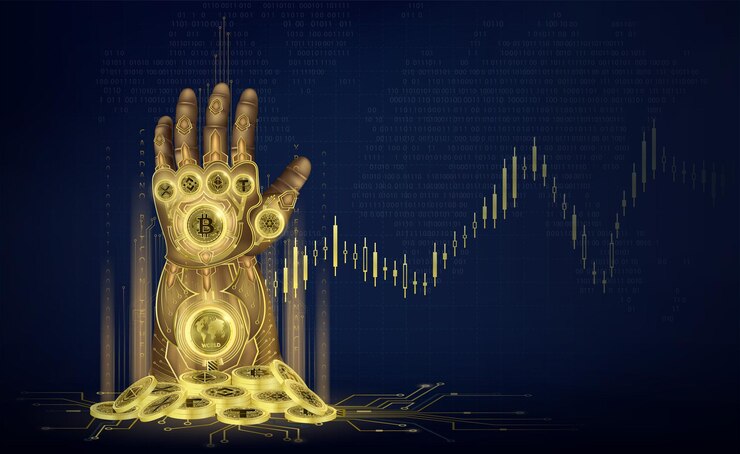 Vector knightly plate golden gauntlet of infinity with pile of coins cryptocurrency bitcoin