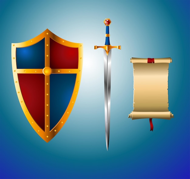 knightly sword and shield and parchment