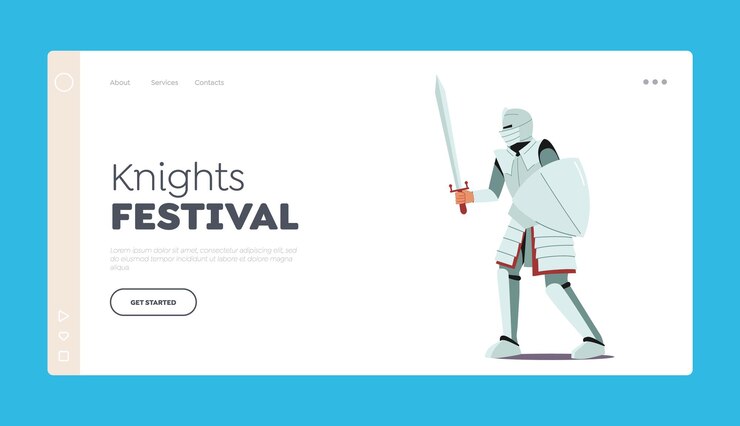 Vector knights festival landing page template medieval character wear armor holding sword ancient soldier fight on war